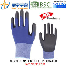 18г Голубой нейлон Shell ПУ покрытием перчатки (PU3101) с CE, En388, En420, рабочие перчатки